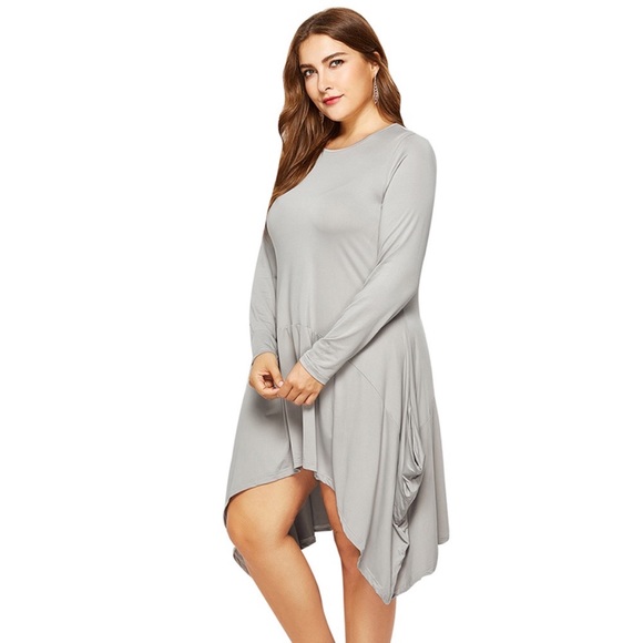 Trapeze Swing Long Sleeve Tunic Dress With Pockets Silver Grey - Picture 1 of 6